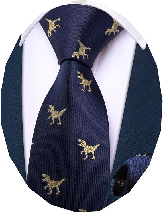 Boys' navy blue necktie with gold dinosaur pattern tied in a Windsor knot