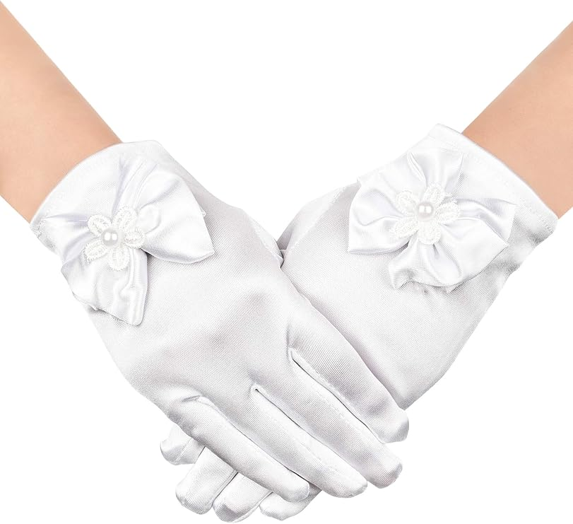 Girls’ white satin wrist-length gloves with a delicate bow and pearl accent