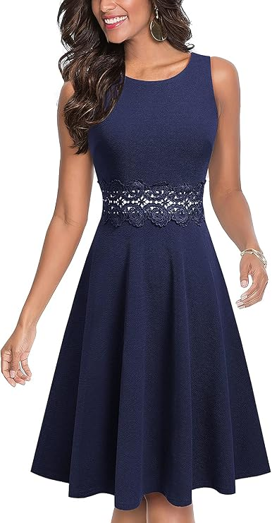 Girls' navy sleeveless midi dress with a lace waist detail and modest neckline