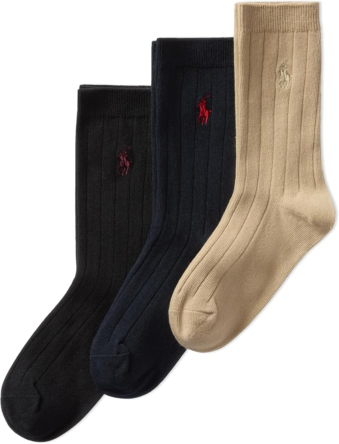 Boys dress crew socks in navy, black, and khaki with ribbed knit