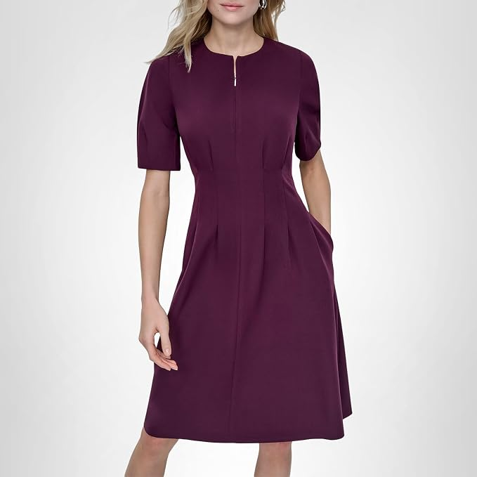 Girls' burgundy short-sleeve fit-and-flare midi dress with a modest keyhole neckline
