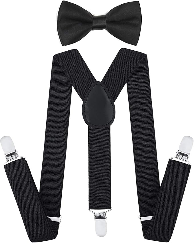 Boys' black satin bow tie with matching Y-back suspenders and white clip hardware