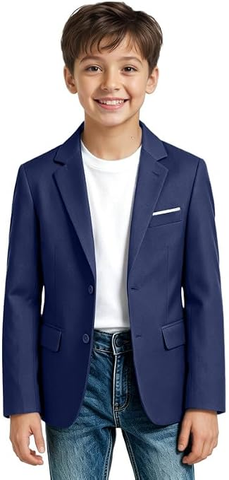 Boys' navy blazer with white pocket square, paired with white shirt and jeans