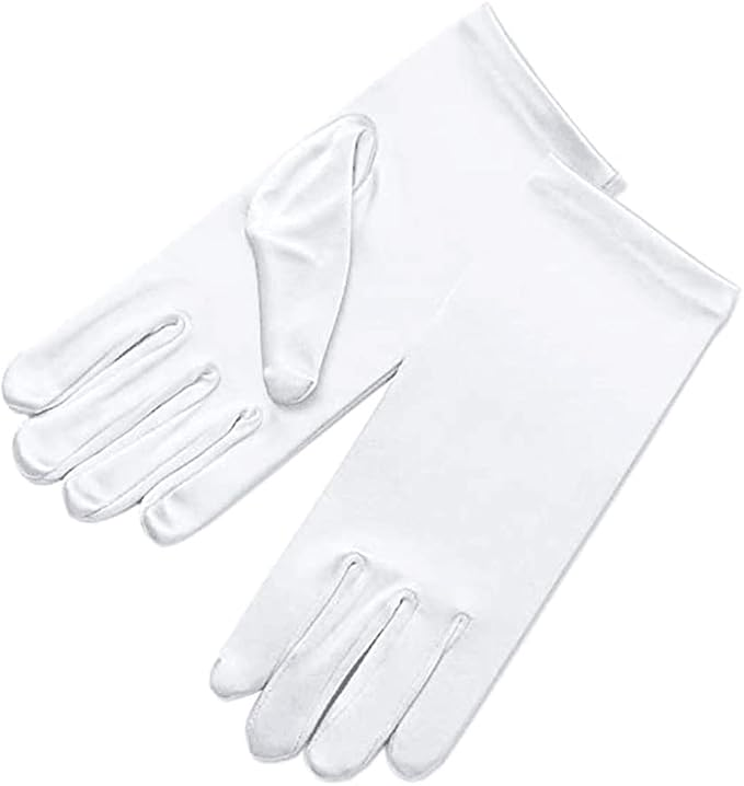 Girls’ white satin wrist-length gloves in a Small through X-Large size range