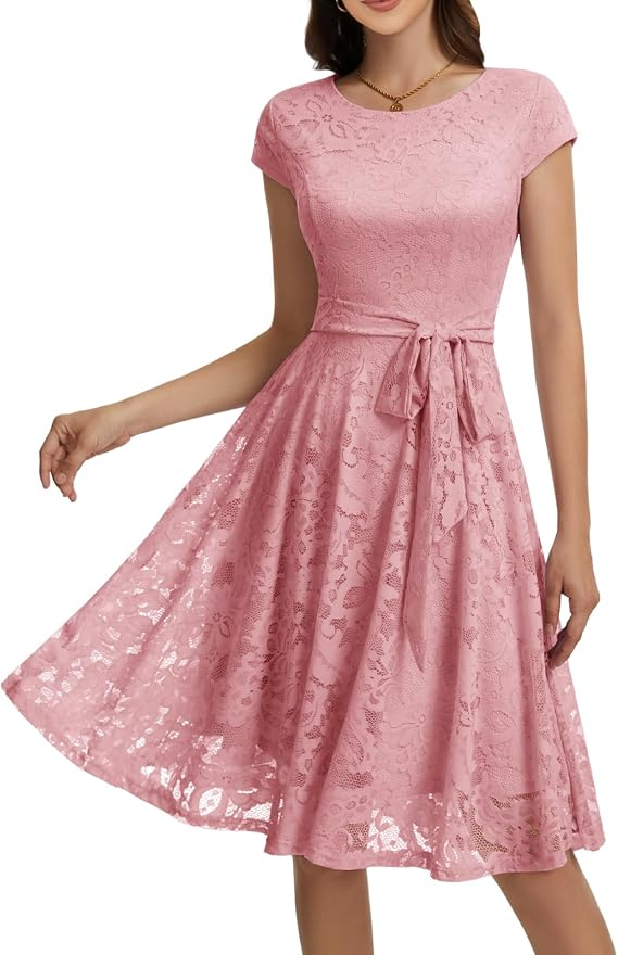 Girls' pink lace midi dress with cap sleeves, modest neckline, and waist sash