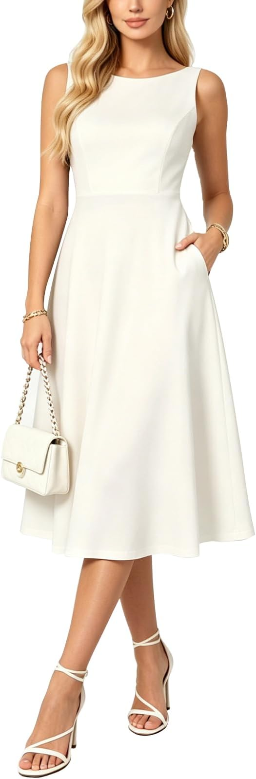 Sleeveless white fit-and-flare midi dress with a modest neckline