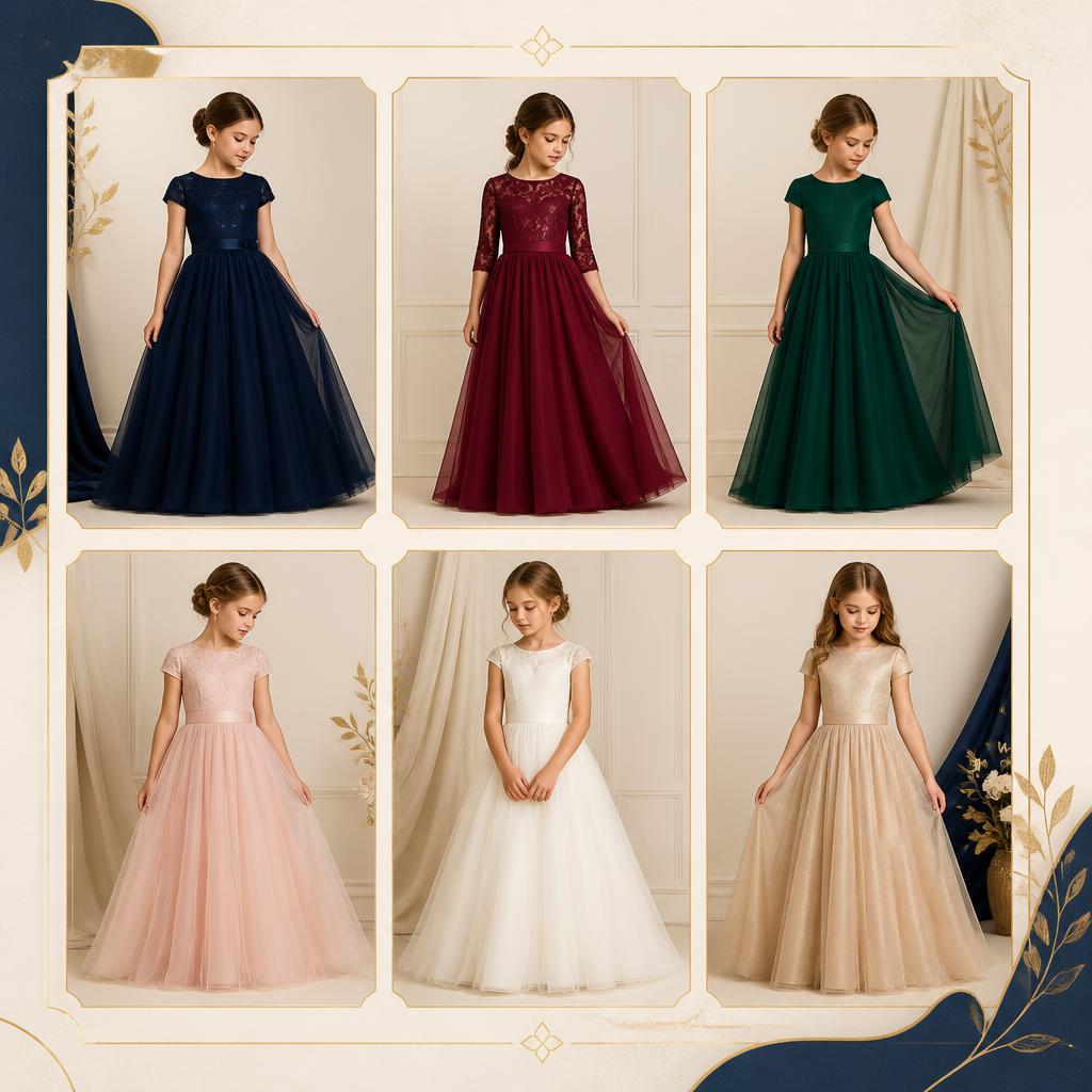 Collage of formal ball gowns in navy, burgundy, emerald, blush, ivory, and champagne