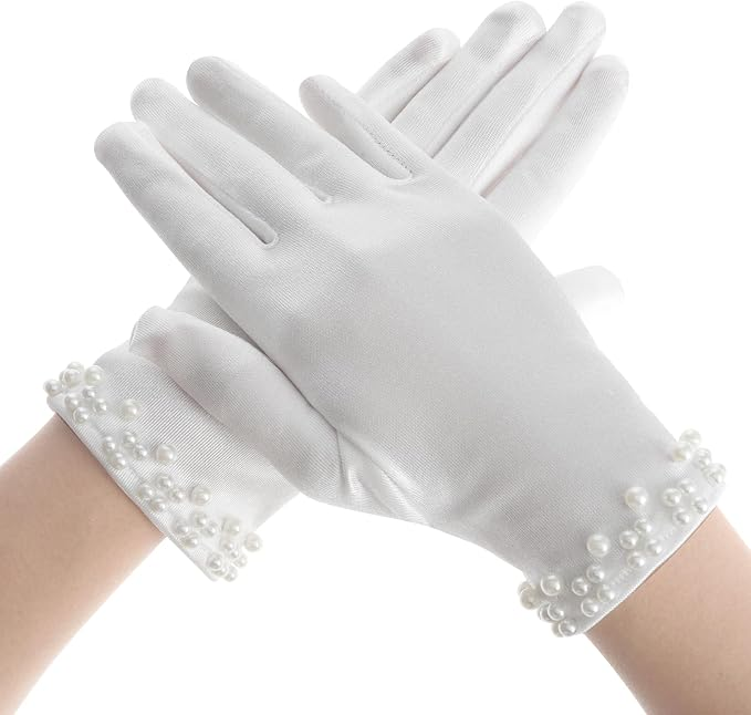 Wrist-length white satin gloves trimmed with delicate pearl beading