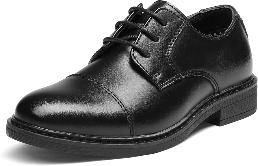 Boys' black leather cap-toe lace-up dress shoes