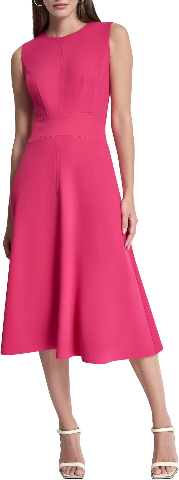 Girls' pink sleeveless fit-and-flare midi dress with a modest neckline