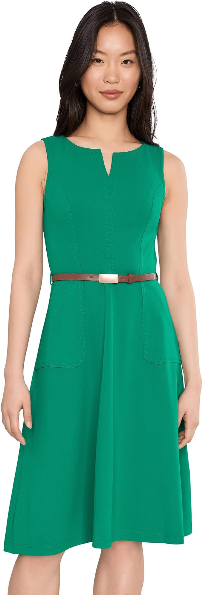 Girls' green sleeveless fit-and-flare midi dress with a notch neckline and thin belt