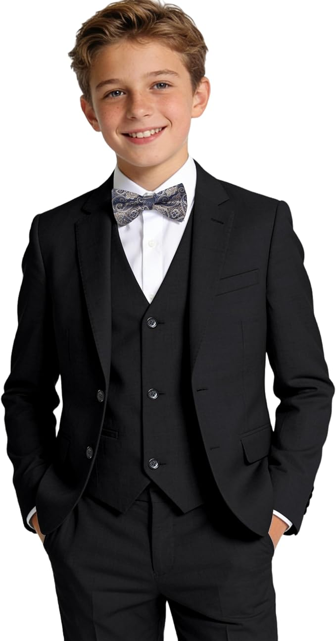 Boys' black formal suit with vest, white dress shirt, and patterned bow tie