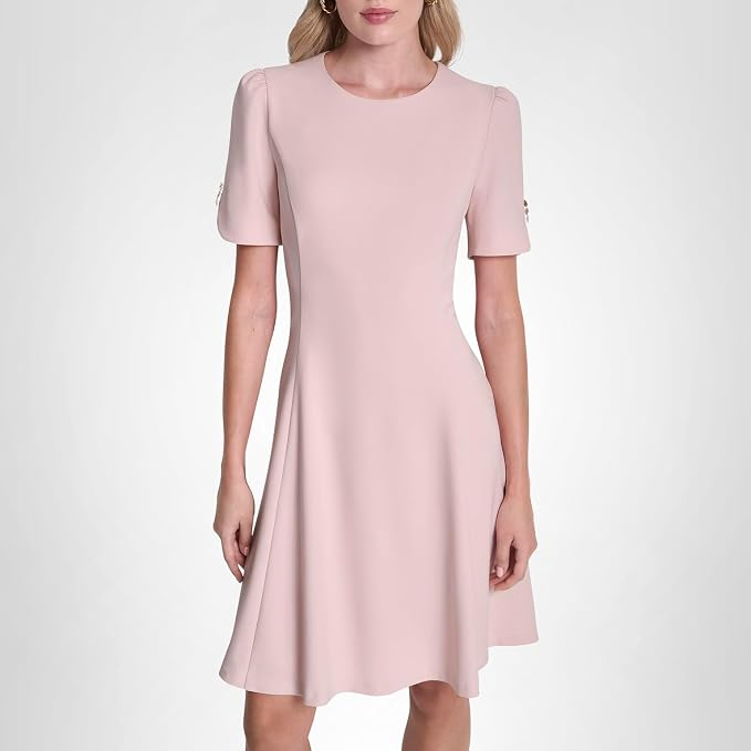 Girls' pink short-sleeve fit-and-flare midi dress with a modest scoop neckline
