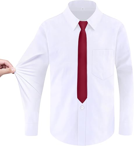Boys' long-sleeve white stretch dress shirt with a solid red tie
